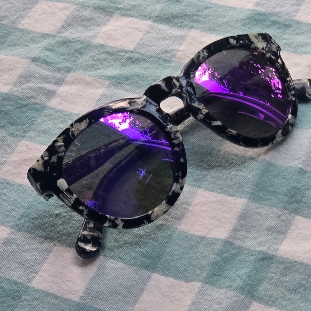 DIFF Eyewear Sunglasses Black White Marble Purple Mirror Lens Round Retro - Picture 10 of 10